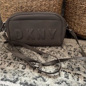 DKNY Taupe Gray Logo Leather Crossbody Bag